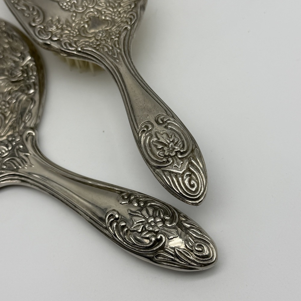 Vintage Silverplate Vanity Hand Mirror & Hair Brush Set Ornate Floral Repousse - Picture 5 of 8